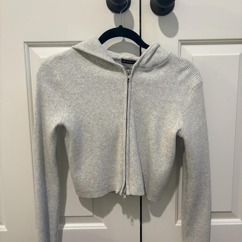 Brandy Melville Light Heather Gray Ribbed Zip Hoodie